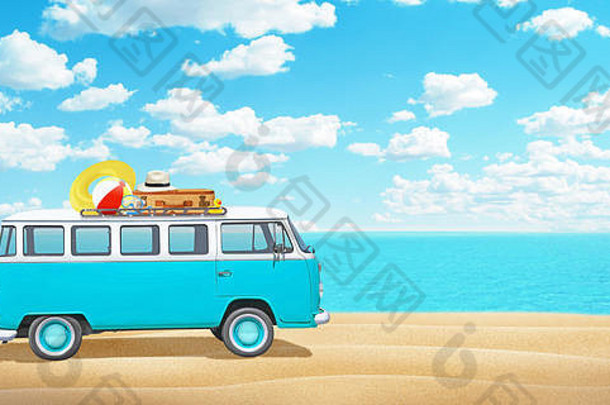 海滩上带着行李的旧货车。假日旅行的概念。文本旁边的可用空间。背景是大海和云。