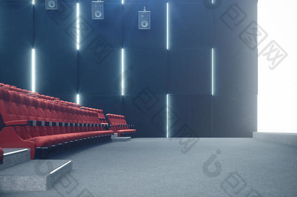 电影院大厅有空屏幕和空座位。现代设计，亮丽的灯光，霓虹灯。墙上的音响系统。无障碍电影院