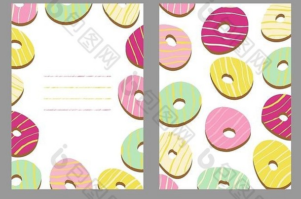 甜甜甜圈背景和空间区域。双面卡片。甜甜圈图案。五颜六色的纹理。肮脏的背景。插图甜点明信片。嗯