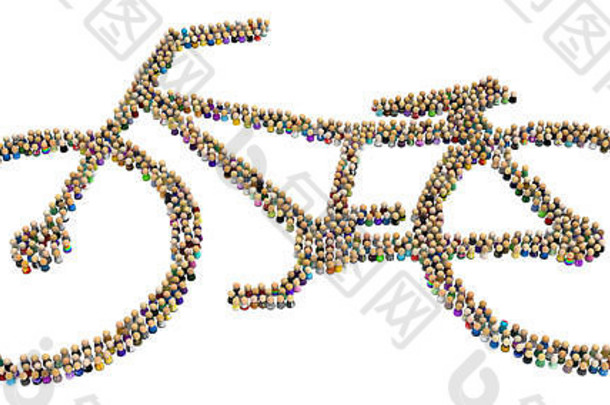 形成自行车形状、3d插图、水平、孤立、白色上方的小符号人物群