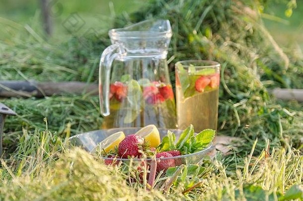 夏日<strong>清新</strong>的天然饮料，一壶一杯草上有草莓薄荷柠檬的<strong>花草</strong>茶，自然花园背景，健康的李