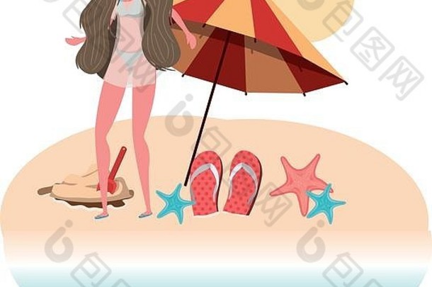 海滩上穿着泳衣和雨伞的女人