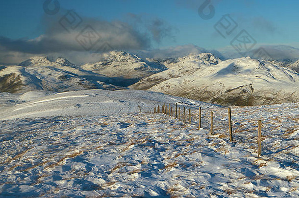 雪冬天视图峰会直配音洞似的阿罗查尔阿尔卑斯山脉背景苏格兰