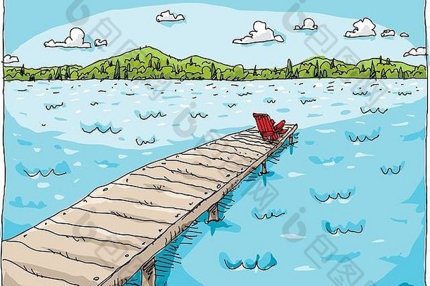 在一个阳光明媚、清新的夏日，一把椅子坐在湖面上一个长码头的尽头。
