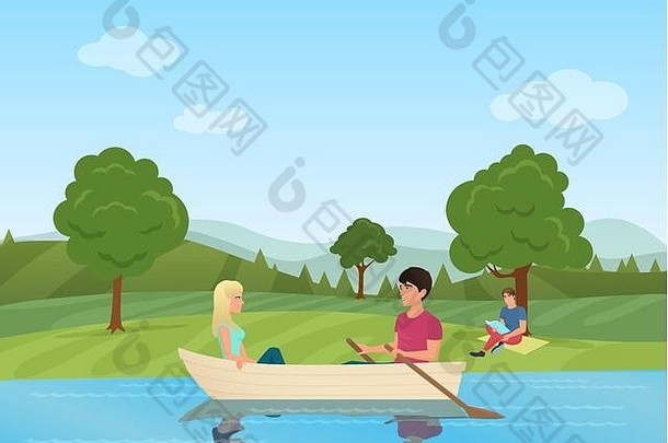 一对夫妇在公园池塘里的船上游泳。男人和女人一起在船上