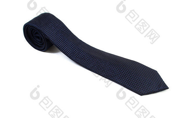 深蓝色领带小点画。经典男式领带，折叠成卷。在白色背景上隔离