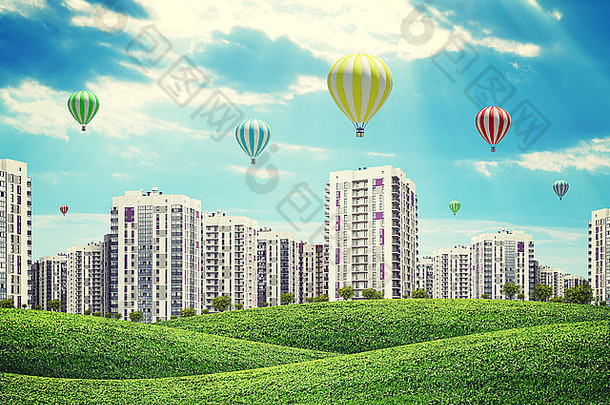 高层建筑绿色山空气气球