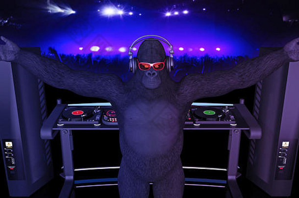 DJ gorilla、在转盘上播放音乐的唱片骑师猴子、带deejay音频设备的舞台上的猿、后视图、3D渲染