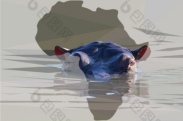 一只非洲河马以非洲的形状浸入水中的低多边形插图
