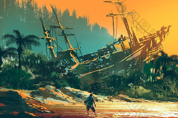 落日时分，被遗弃的人和弃船站在岛上的海滩上，画着插图