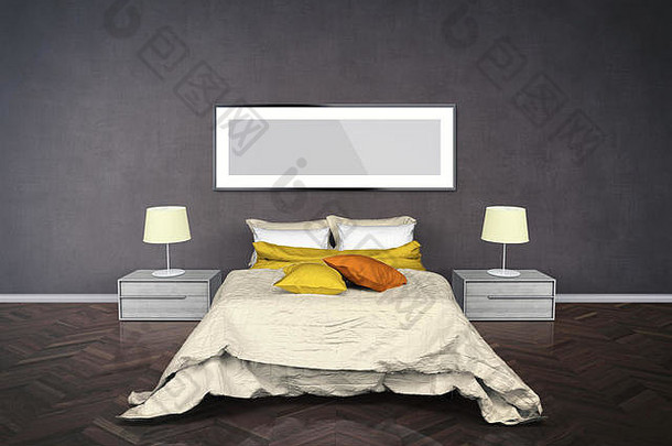 把创建空区域卧室衣柜双床上空白图片框架墙
