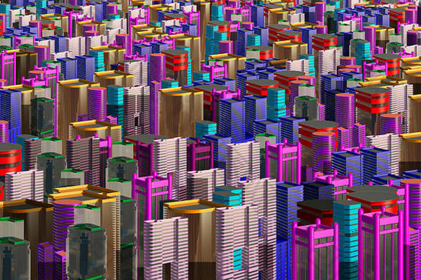 大都市中心的多色摩天大楼和办公楼3d插图