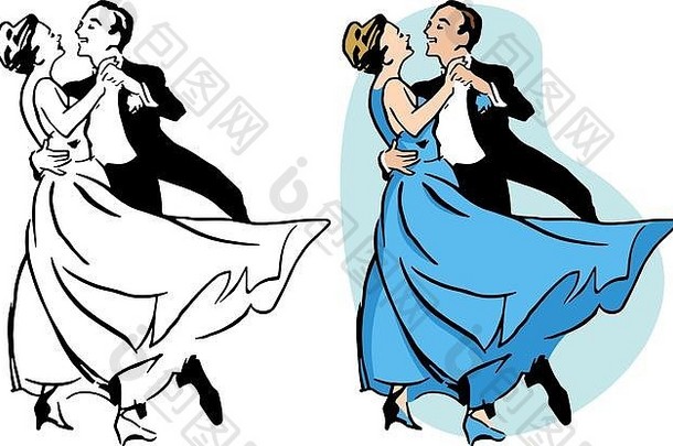 一对穿着燕尾服和舞会礼服在舞厅跳舞的夫妇。