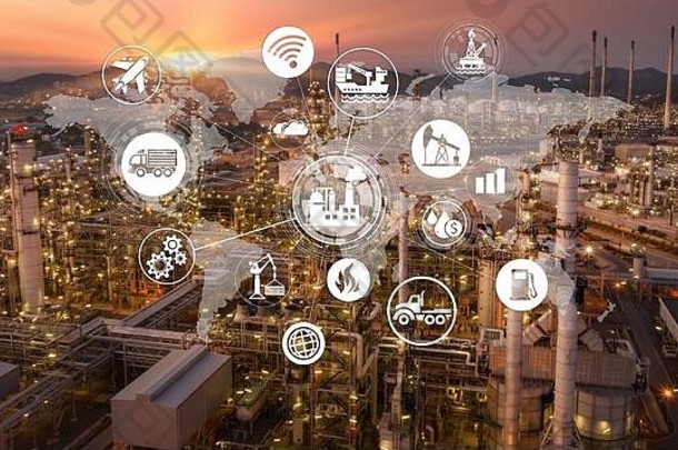工业4.0炼油厂和双曝光图标概念、网络和数据以及世界工业的现代技术。