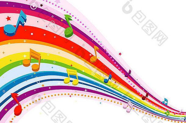 彩虹色彩虹设计，白色背景下带有音符