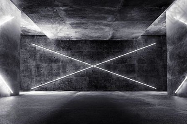 现代未来主义科幻概念俱乐部背景Grunge混凝土空暗室，霓虹灯闪烁白色霓虹灯3D渲染插图