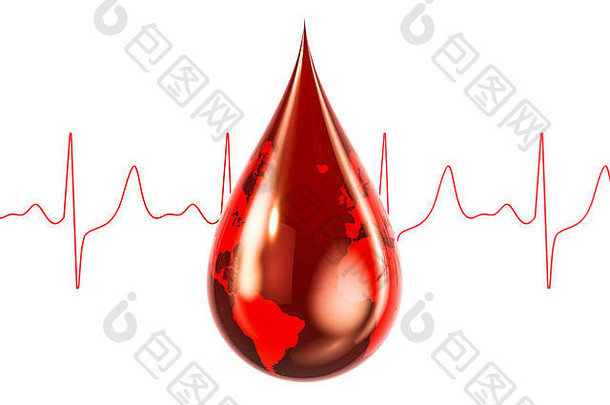 世界献血日概念。血滴与世界纹理，3D渲染隔离在白色背景上