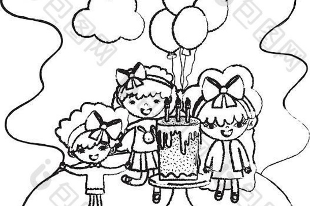 带着气球和蛋糕的垃圾女孩和孩子们