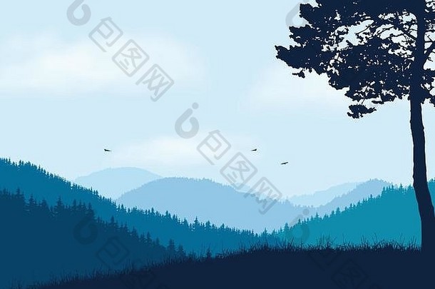 森林和小山的山景，蓝天下的云朵和飞鸟——文本的空间载体