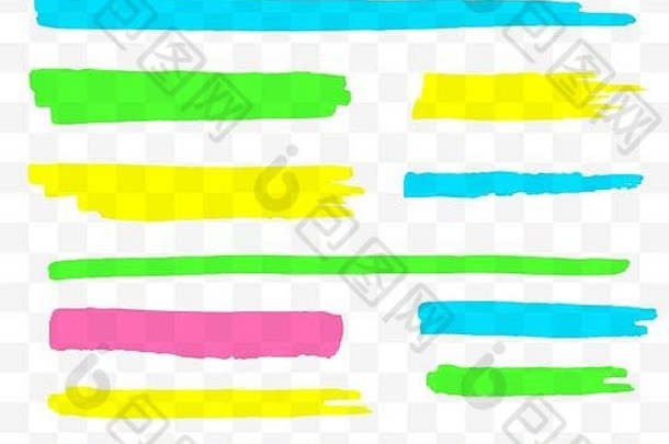 彩色荧光灯组。黄色、绿色、紫色和蓝色标记。透明的手绘笔刷线条。