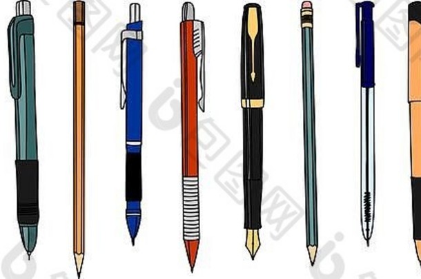 一套彩色铅笔和钢笔。白色的隔离带。