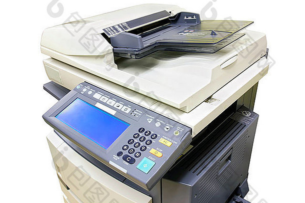 在白色背景上隔离数字显示的现代复印机