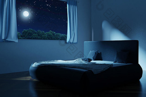 月圆之夜，床未折叠的卧室的3d渲染