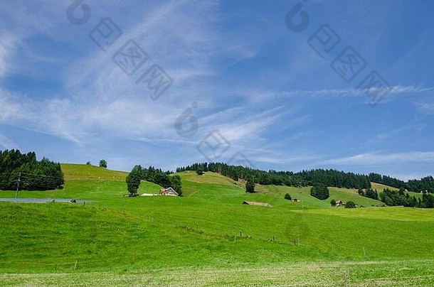 从瑞士阿彭策勒巴宁的瓦瑟劳恩到阿彭策尔，从火车窗口观看乡村夏季<strong>草原</strong>景观