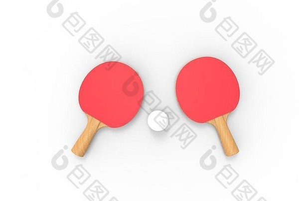 在白色背景中隔离的乒乓球拍的3D渲染。