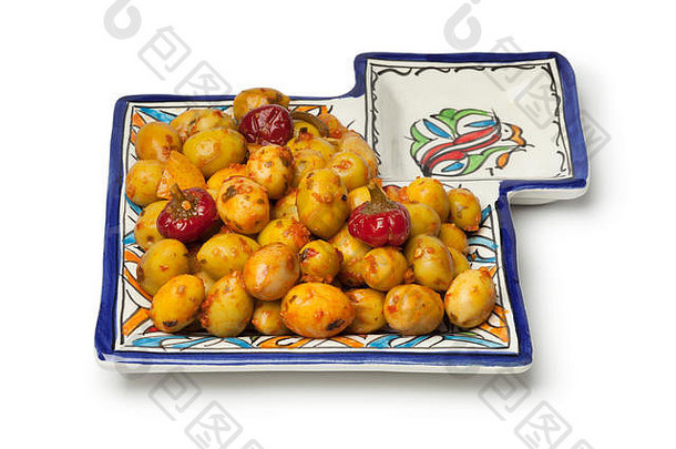 摩洛哥腌橄榄陶瓷橄榄菜白色背景
