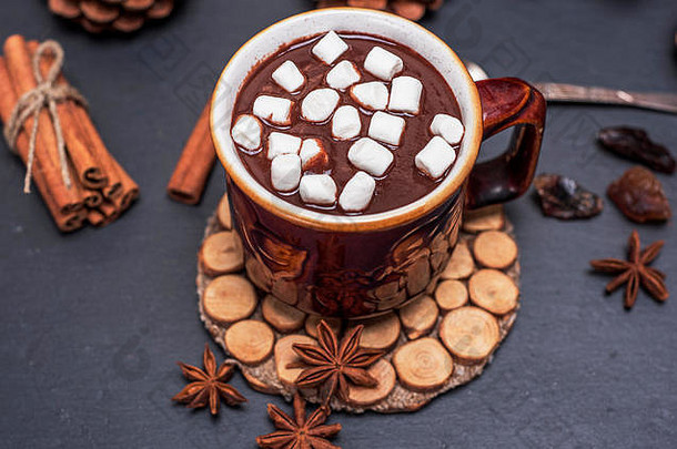 热巧克力白色棉花糖片棕色（的）陶瓷杯子前视图