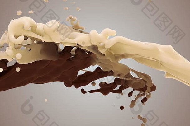 牛奶和巧克力以慢动作飞溅。白色和棕色液体奶油滴溅在灰色上的3D插图。4K亮白色和深色des