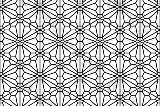 无缝几何图案Kumiko。黑白轮廓线，厚度较薄。