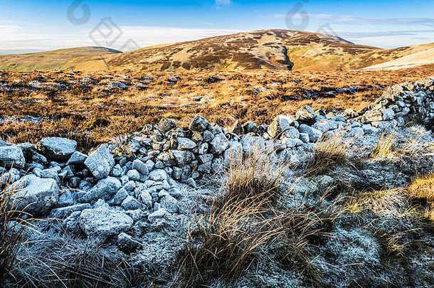 重霜干石头墙标志着英美资源集团苏格兰边境咕咕叫东部地平线