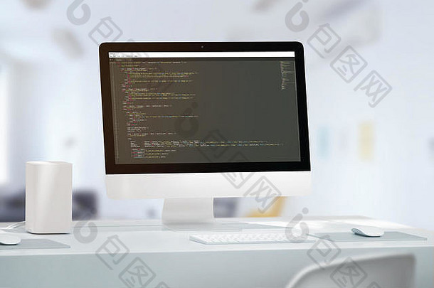 开发团队办公室概念。计算机显示与ja代码编辑器。特写。