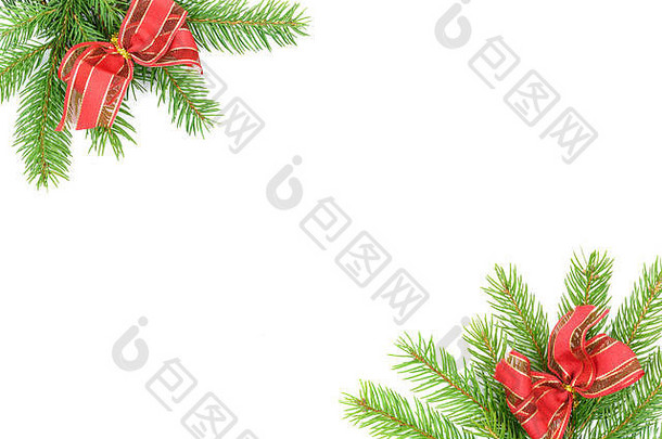 圣诞树绿色框架，白色背景上有云杉早午餐和红结。