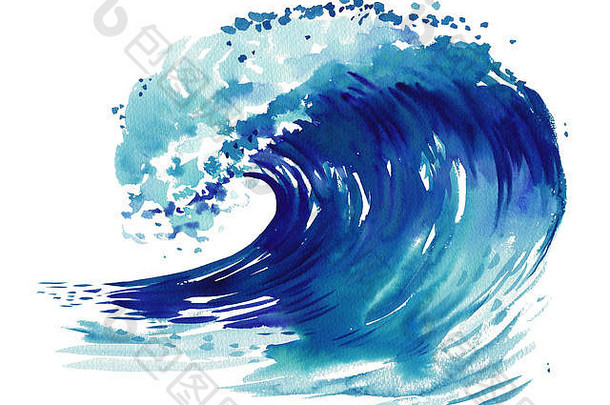 海浪。抽象水彩手绘插图，在白色背景上隔离。