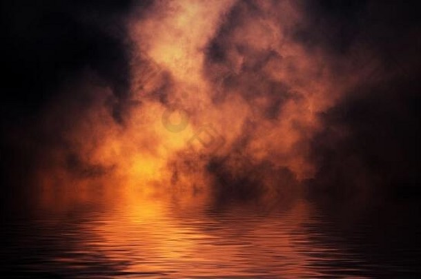 火焰烟雾在水中反射。海岸上神秘的海岸大火。设计元素。