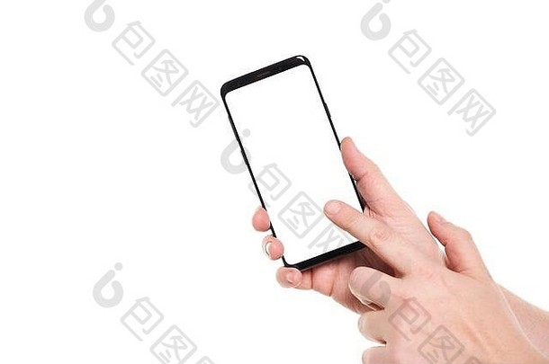 男人。手持有黑色的智能手机空白屏幕现代无框架设计孤立的白色背景