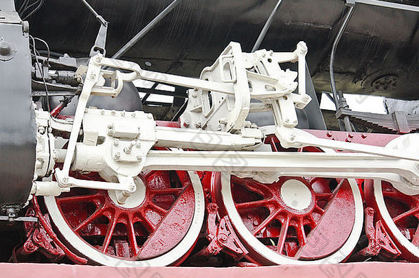 关闭细节古董蒸汽引擎机车轮子