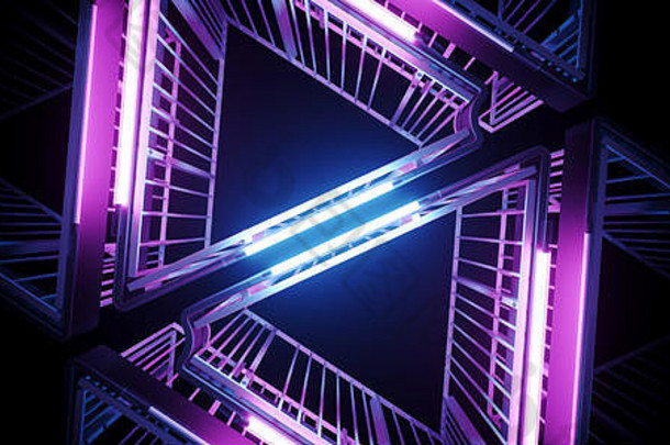 科幻未来主义优雅外星人现代高科技霓虹灯发光紫粉蓝三角形金属结构走廊<strong>隧道</strong>垃圾混凝土墙空背