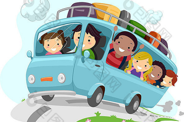 坐公共汽车时兴奋的孩子们欢呼的插图