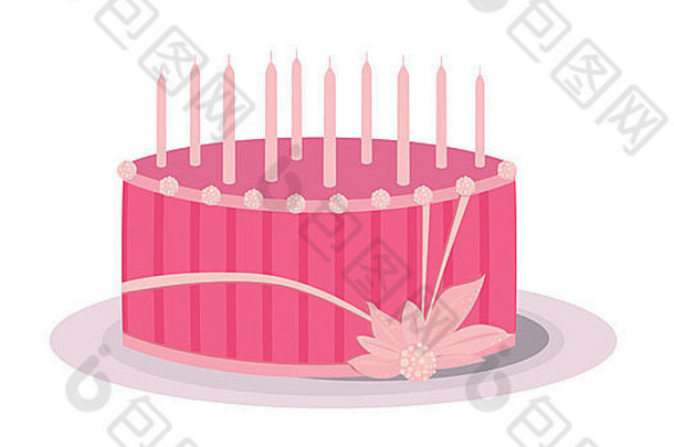 粉红色的条纹层生日蛋糕粉红色的不发光的蜡烛