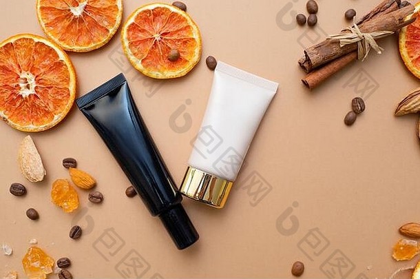 化妆品自然化妆基金会遮瑕膏皮肤眼睛温暖的背景坚果咖啡干水果