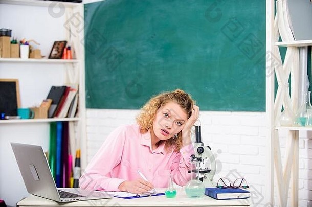 老师有压力的占领压力紧张紧张的有压力的教育家女孩累了有压力的表达式移动PC显微镜工作调查生物学化学有压力的科学家
