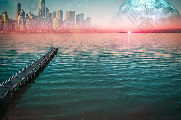 外星人地球景观长木码头伸展运动海洋日落现代城市摩天大楼天际线地球地平线元素