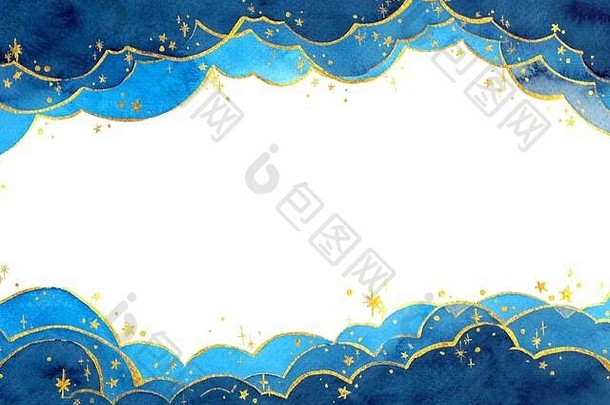 抽象水彩手绘插画中的云与星的概念。明亮的蓝色波浪背景。高分辨率。卡片、封面、打印、，
