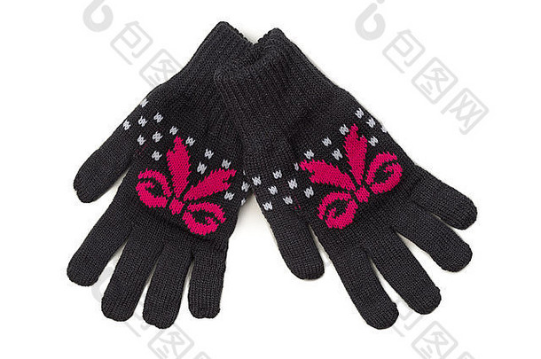 一对黑色的针织手套红色的模式隔离白色