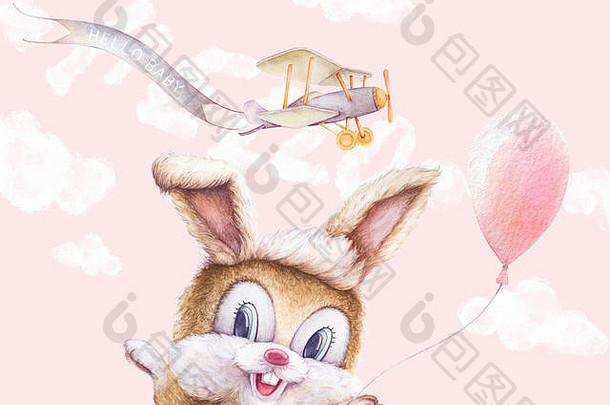 水彩兔子气球天空云飞机飞丝带手刻字光粉红色的背景托儿所墙艺术插图谁