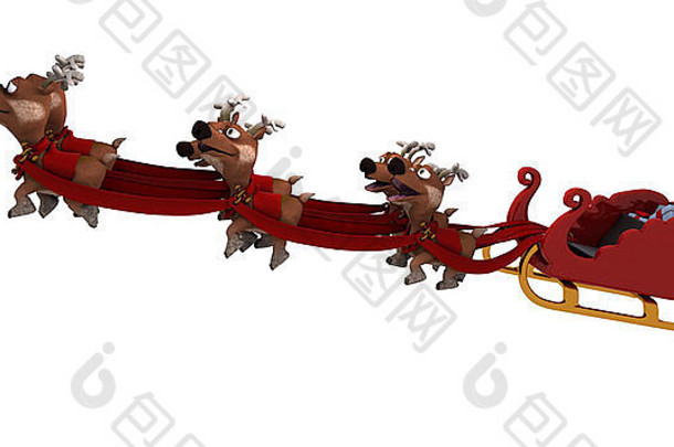 圣诞老人雪橇和驯鹿的3D渲染